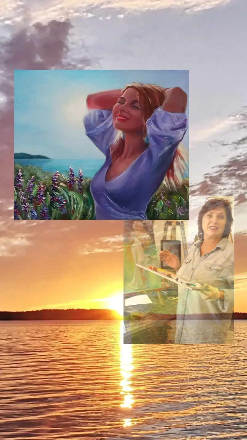 A set of artworks by ElenaG and her at the studio from the portrait series.