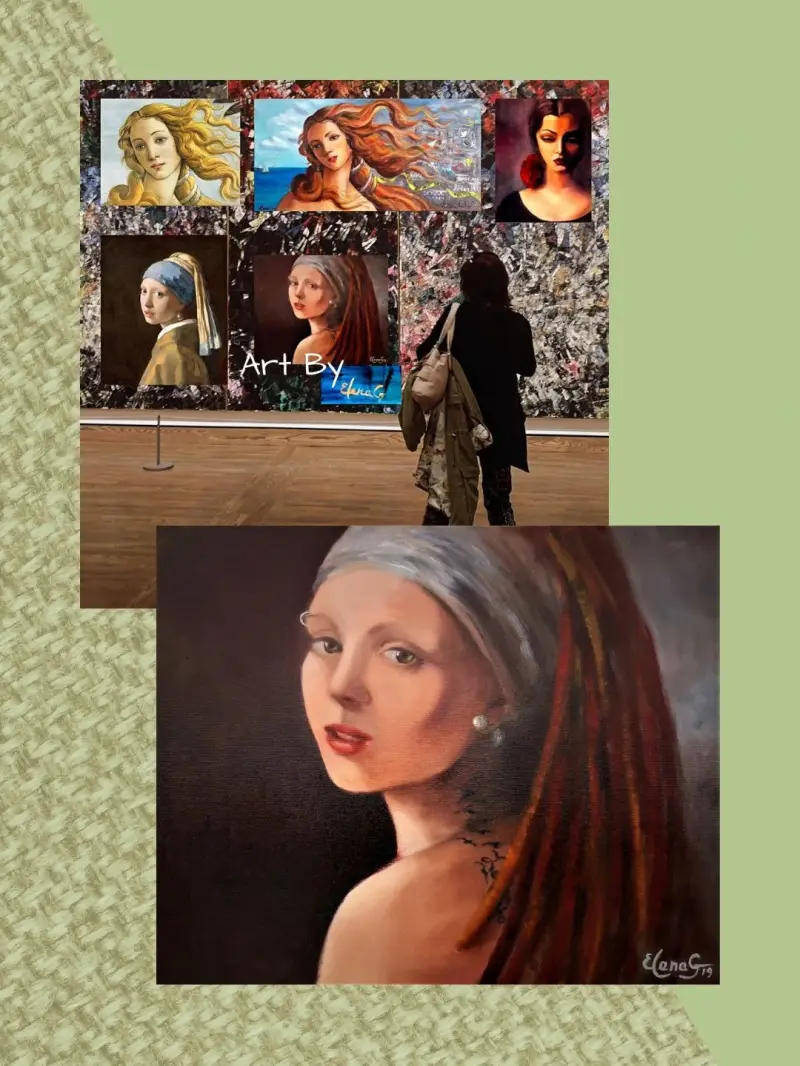 The artist ElenaG stands before her oil painting in the Imaginable Gallery.