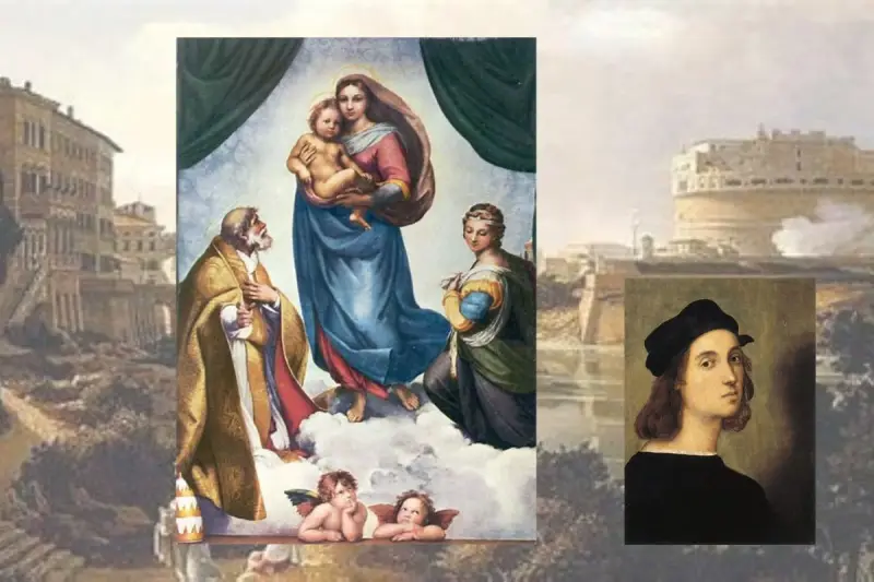 Against the backdrop of a Roman landscape are portraits of Raphael as well as his painting entitled Sistine Madonna. 