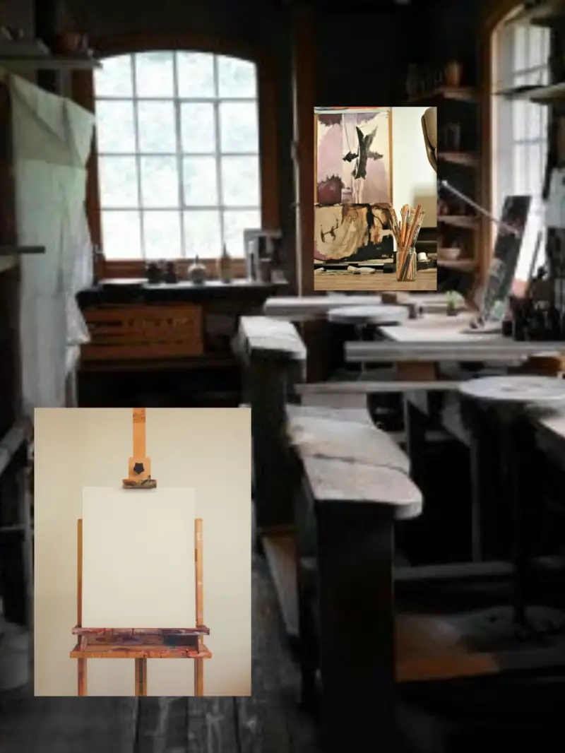  Dark, empty artist’s studio with easels.