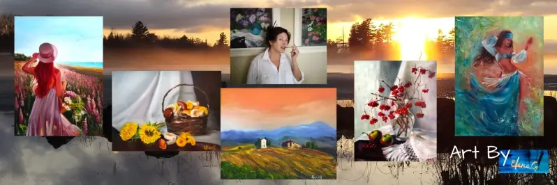 Set against sunset with originals paintinggs by ElenaG, her logo, and her photo