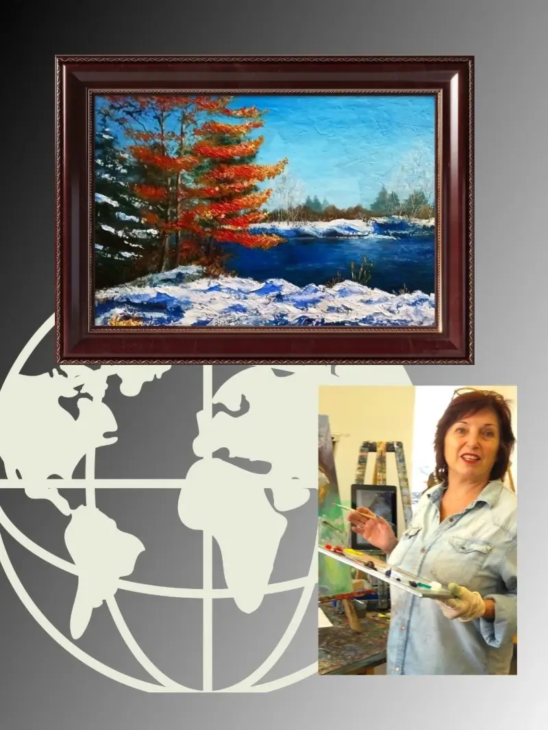 Collage with photo of ElenaG at her studio and her oil painting titled :march in ontario."