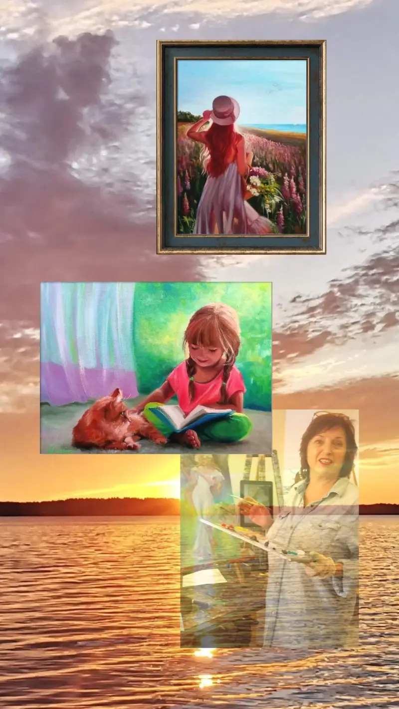 : A set of figurative paintings by ElenaG, featuring her image, set against a lake at sunset.