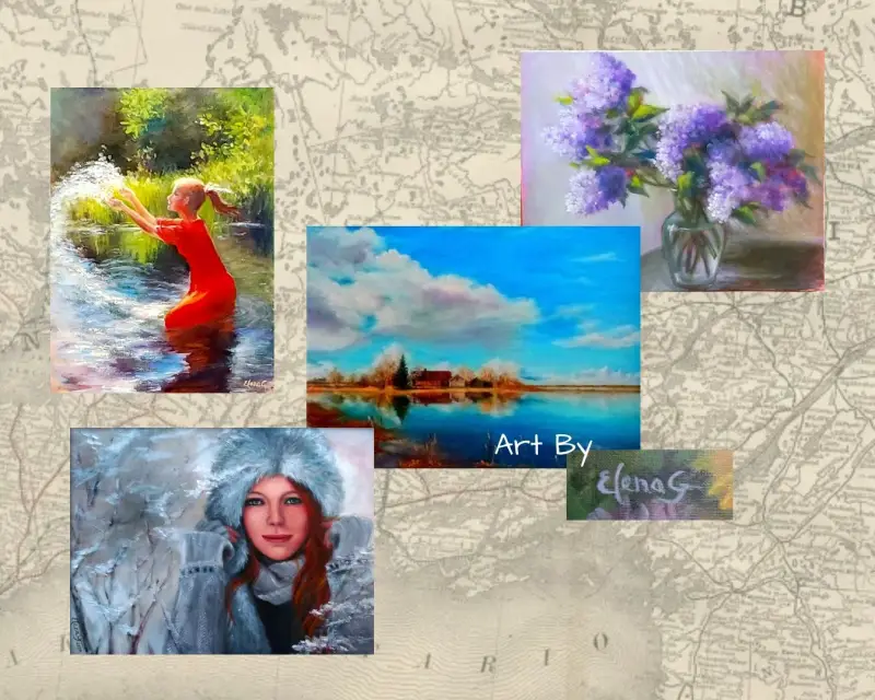 Collage #5 with oil paintings by ElenaG in four genres: still life, landscape, figurative, and portrait.