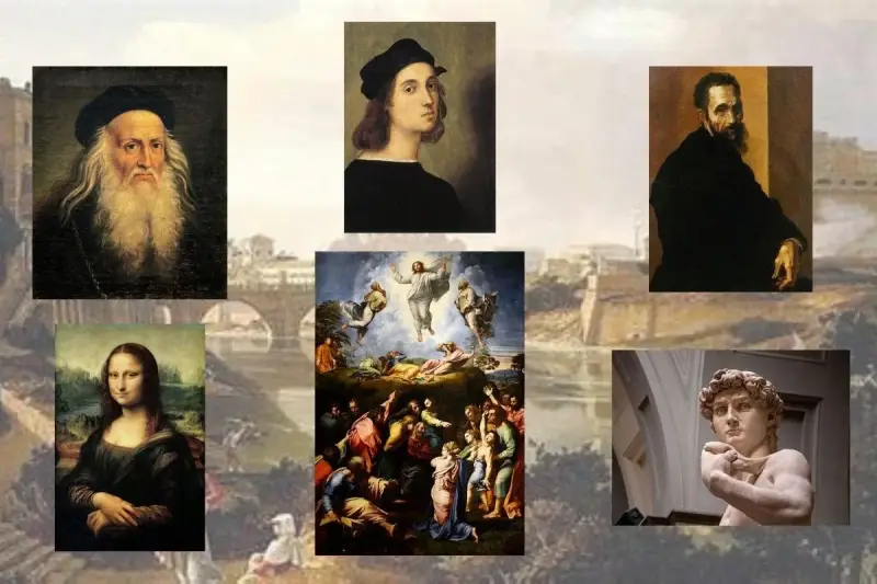 Against the backdrop of a Roman landscape is a portrait of Raphael, da Vinci, and Buonarotti and images of their artworks.