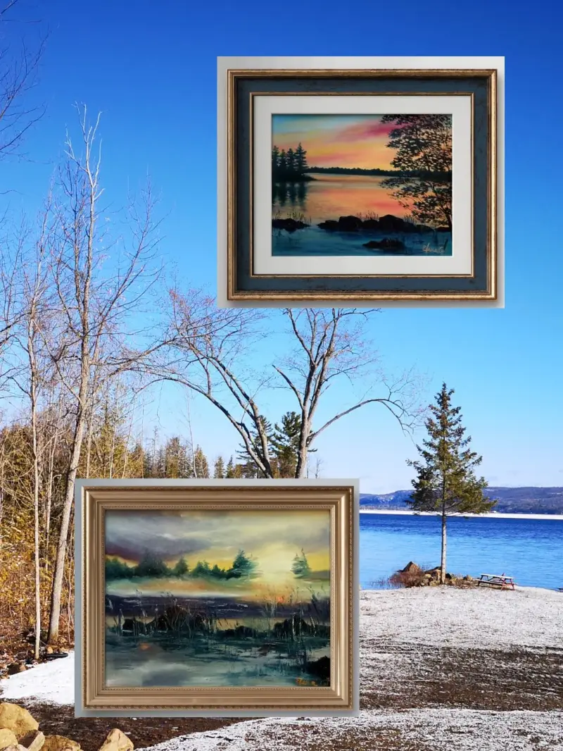 Collage with landscape oil painting by ElenaG from her “Golden Lake" series.