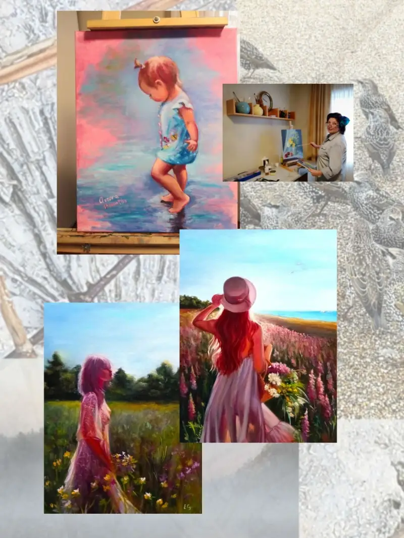 A set against traces of ancient deposits, referring to the past, the figurative paintings of ElenaG. 