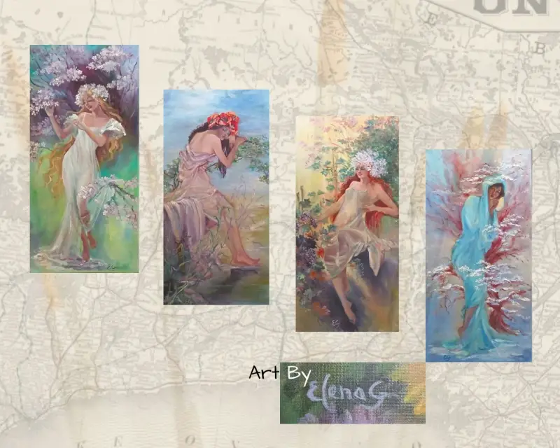  Collage #5 with a figurative painting by ElenaG as her version of Four Seasons by Mucha.