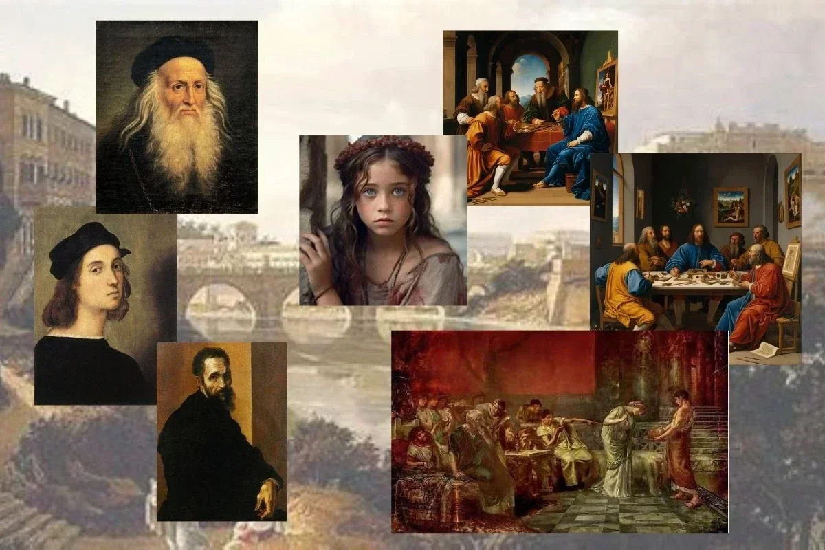 Against the backdrop of a Roman landscape is a portrait of Raphael, da Vinci, and Buonarotti and images of scenes of Rome's life in those years.