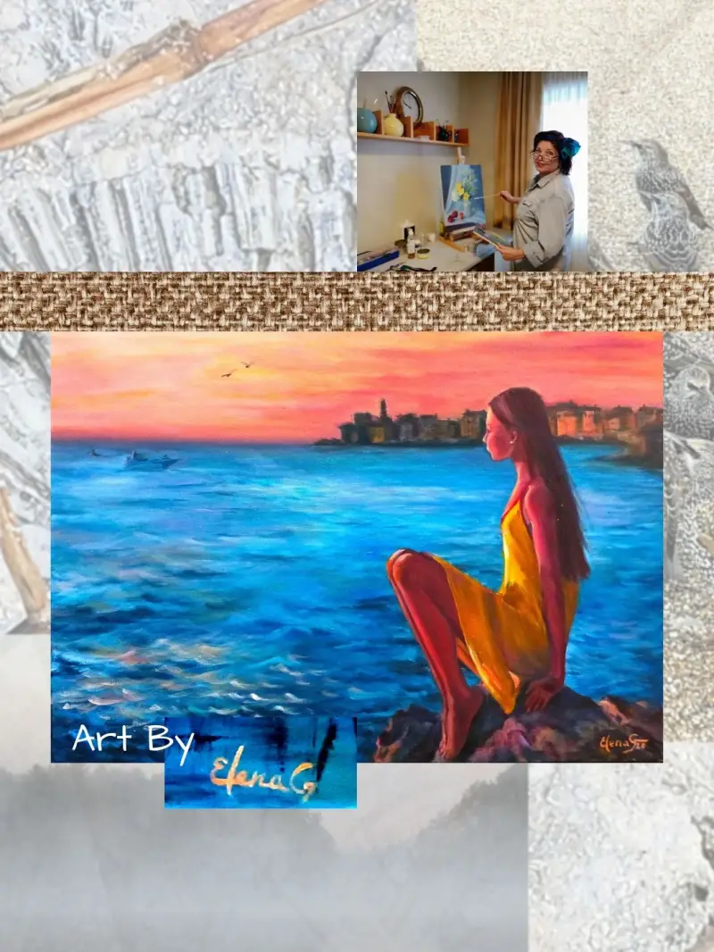 A set against traces of ancient deposits, referring to the past, is a colourful figurative painting titled “Anticipation” with a young girl at the rocky coast of the sea, made by ElenaG.