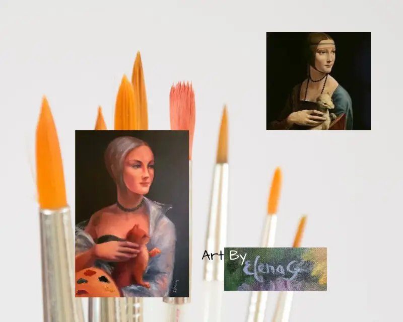 Collage with oil painting by ElenaG version of da Vinci’s artwork "Lady with Ermine."