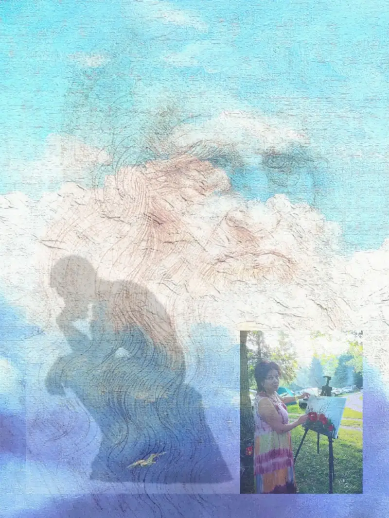 Set against the Leonardo da Vinci face with a silhouette of a thinker by Rodin and plein air of ElenaG.