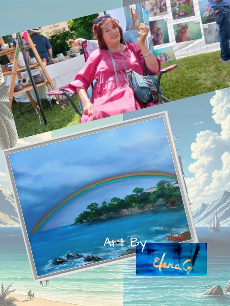 Collage—a photo of ElenaG at the art show and her oil painting from the seascapes series.
