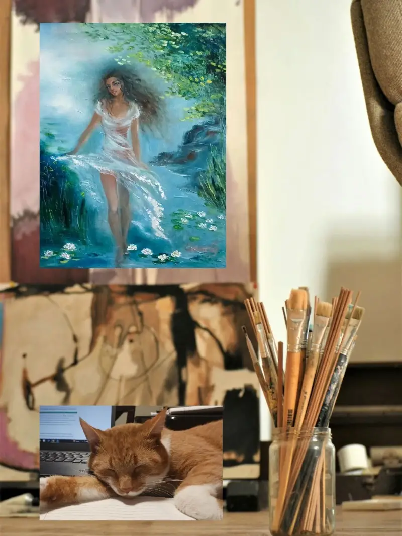  Collage with figurative painting titled “Nymph of Lake” with a photo of ginger cat Charlie.