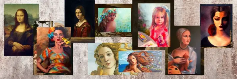 Collage #7 with oil paintings by Elenag from her portrait series and artwork of the Renaissance Old Masters.