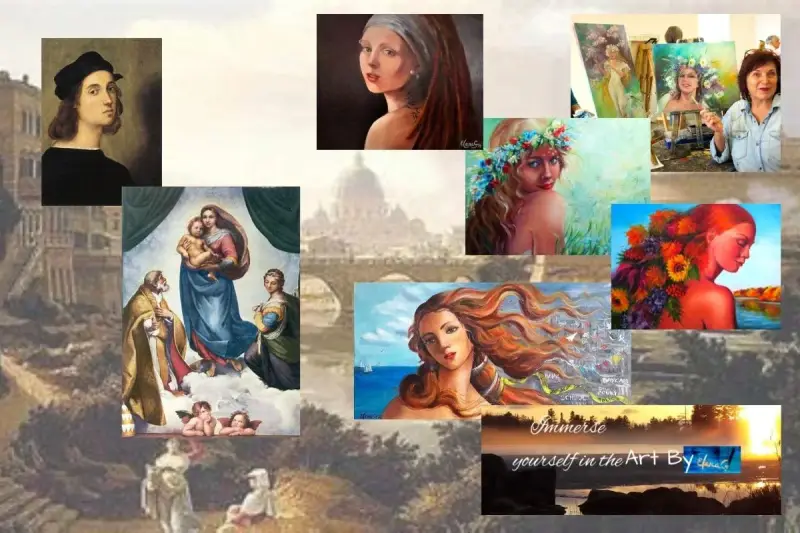 Original oil paintings by Elena Gaevskaya, Raphael's image, and his painting Sistine Madonna.  