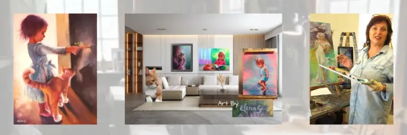  Collage with figurative artwork by ElenaG, her logo, and a photo of her at the studio.