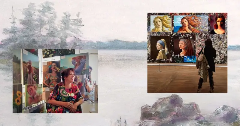 Set against original painting og Elenag as background and her photo with her artworks.