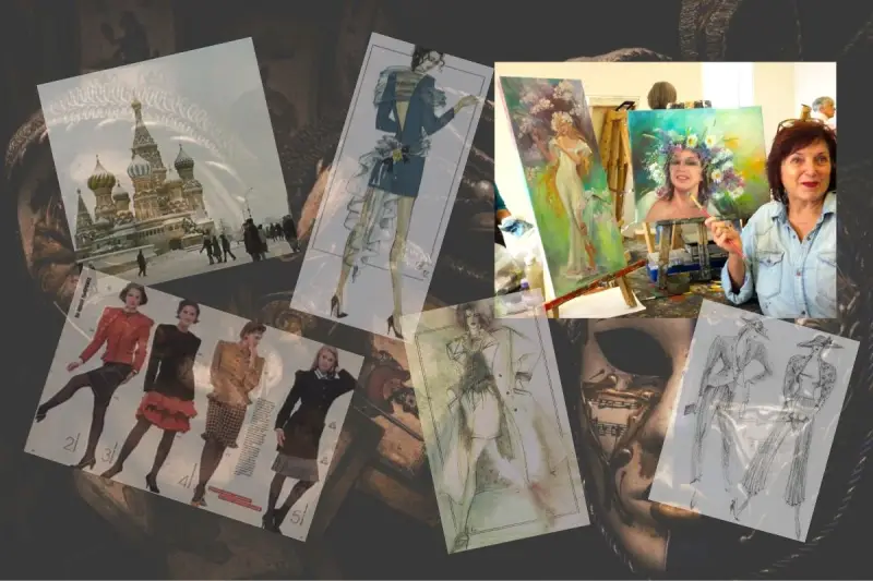 Collage with soviet fashion models, scetches by ElenaG, and her photo at her studio.