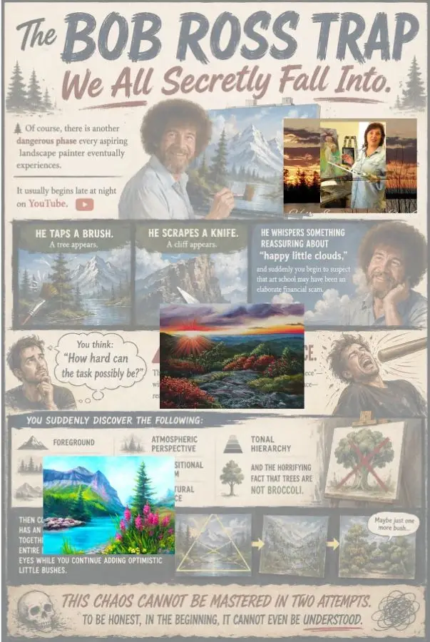  Collage-poster with Bob Ross paint technique evolution and landscape artwork by ElenaG.