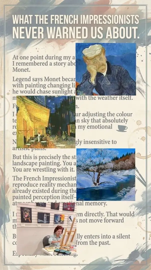 Collage-poster with the text, van Gogh's artworks and photo of ElenaG with her landscape painting.