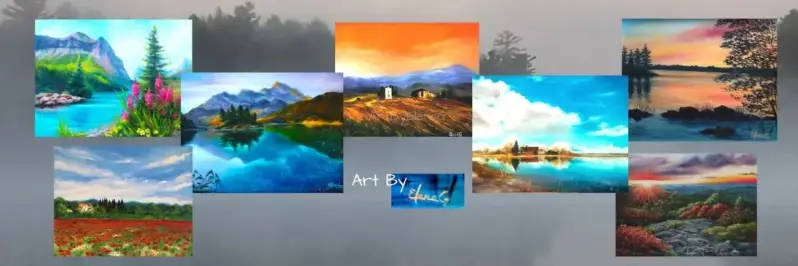 Set against the smoky lake with original paintings by ElenaG from her landscape series