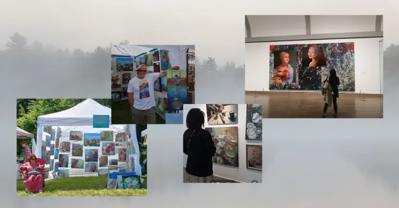 Set against nature's landscape, evoking curiosity, are images of ElenaG and Nik from art festivals and exhibitions.