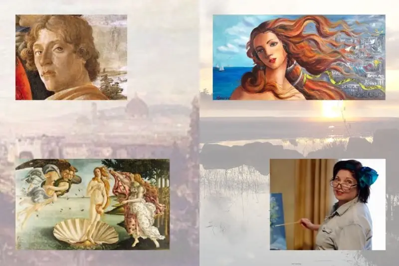 On the backdrop of Florence in Botticelli's time are his portrait and his famous painting, The Birth of Venus, and also the portrait of ElenaG with her interpretation of that artwork.