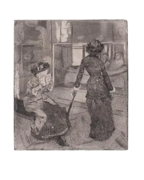 The print in which Edgar Degas depicted Mary Cassatt and her sister Lydia at the Musée du Louvre.