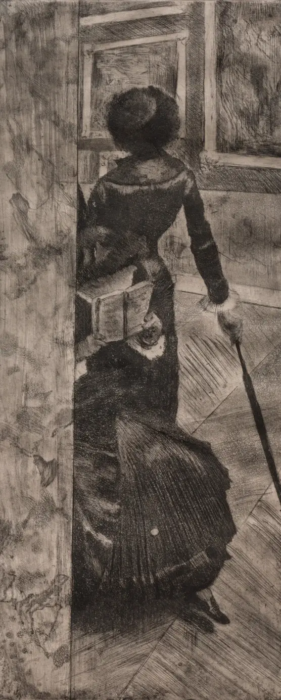 Edgar Degas depicts Mary Cassatt's Impressionist studies of everyday life, showcasing her in a "confident pose" at the museum.