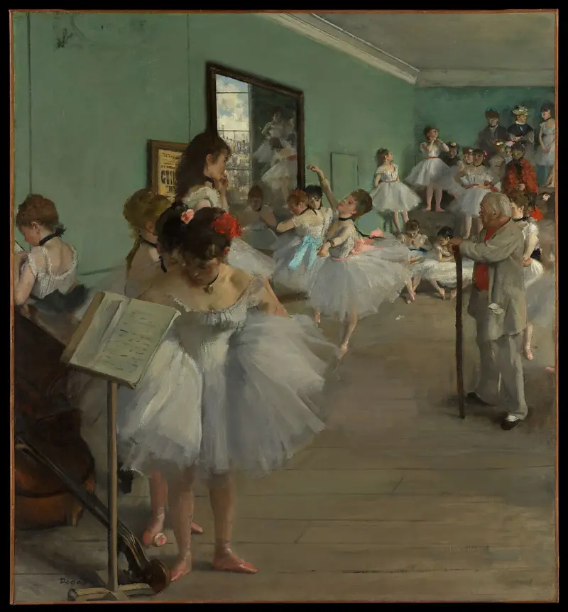 Edgar Degas depicts a crowded rehearsal room with a pink sash in the centre: Jules Perrot.