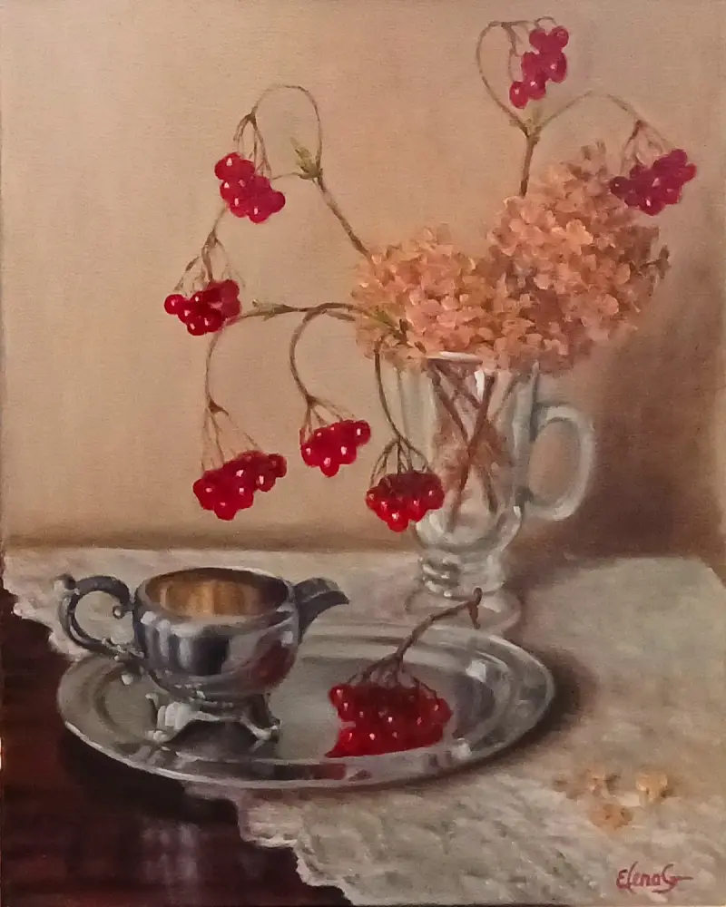 Original oil painting by Elena Gaevskaya. A branch with bright red viburnum berries in a glass vase with an antique coffee service contrasts with the beige background.