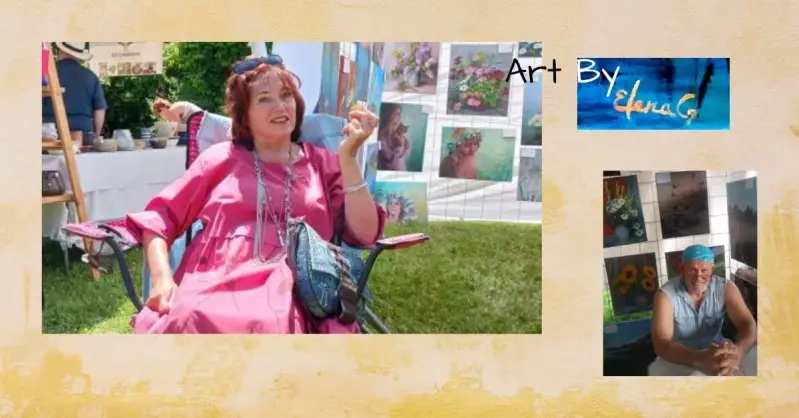 Artist ElenaG aand her helper Nik are at the art show.