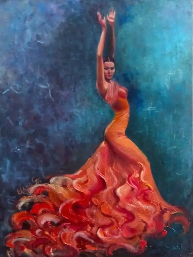 Original oil painting "Flamenco in Gold" by ElenaG featuring a female flamenco dancer with arms raised, wearing a textured red and orange gown on a turquoise backdrop.