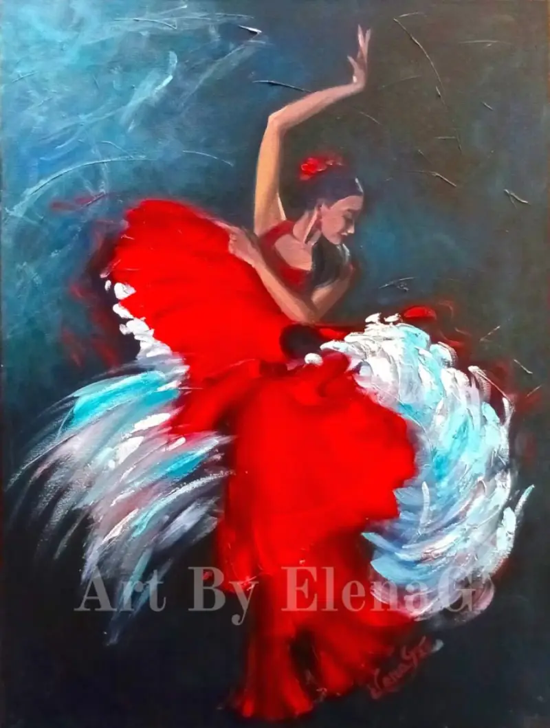  A vibrant oil painting titled 'Flamenco in Red' featuring a female dancer in a swirling red dress against a dark, textured blue and grey background.