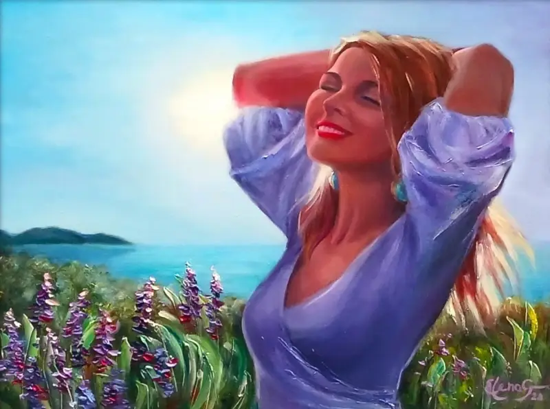 Original oil painting by Elena Gaevskaya with smiling young woman 