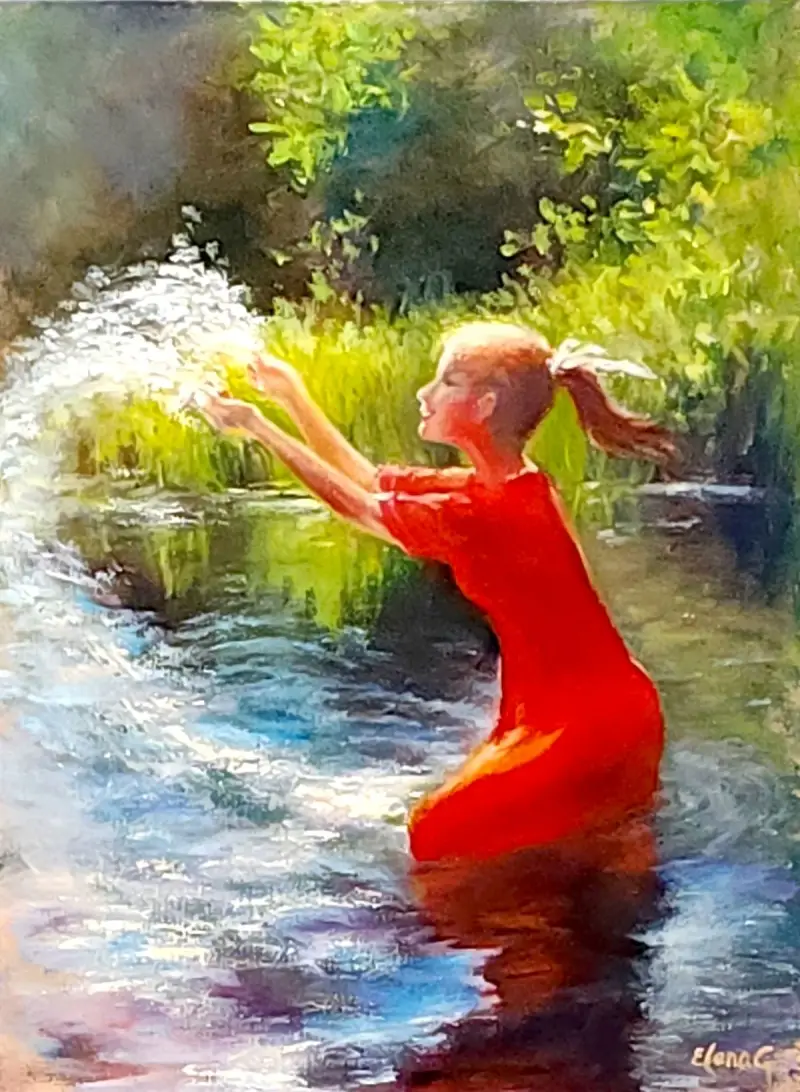  A vibrant figurative oil painting of a woman in a vivid red dress kneeling in a sparkling river and playfully splashing water up into the air under sunlit green trees.