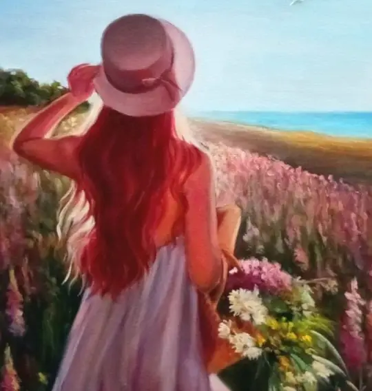 The close-up of the original painting by ElenaG titled "Just Happy.'' with a woman with long copper hair and a summer hat walking through a dense field of pink flowers toward a bright blue sea.