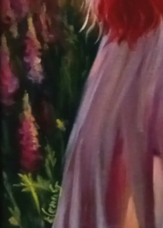 The snippet of the painting by ElenaG, signed by the artist with a woman with long light dress.