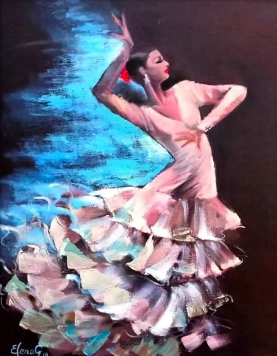 Original oil painting "Pearl Flamenco" by ElenaG depicting a graceful female flamenco dancer in a layered white gown posing against a blue and dark background.
