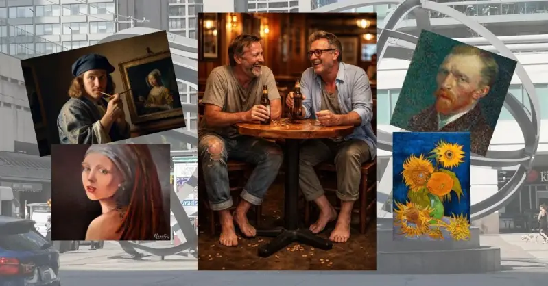 Set against a modern city landscape, evoking a contemporary mood with original paintings by ElenaG and Van Gogh.