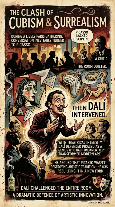 A digital collage wih Pablo Picasso in a sharp, geometric Cubist style and  Salvador Dalí with his waxed moustache.