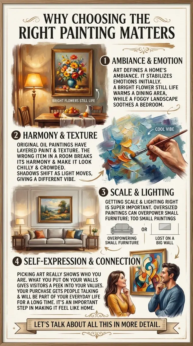 A poster depicts how to choose the right painting for the home in four steps.