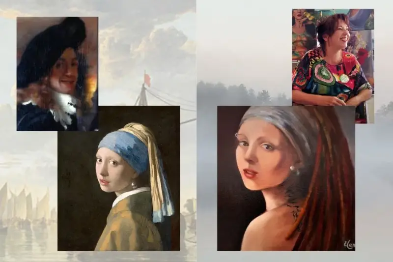 Against the backdrop of the era, Vermeer is his portrait and his famous painting, The Girl with a Pearl Earring, and also the portrait of Elena with her interpretation of that artwork.