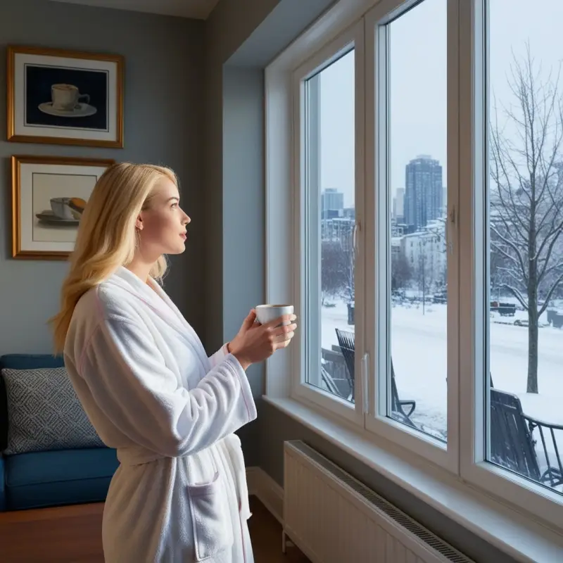 A blonde woman with a cup of coffee dreams while staring out the window.