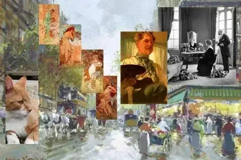Collage with original oil painting by A.Mucha his portrait created with AI.