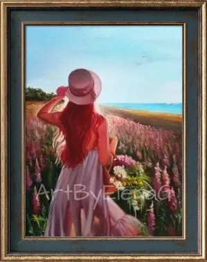 Original oil painting by Elena Gaevskaya. A young girl in a summer hat looks at the seashore.