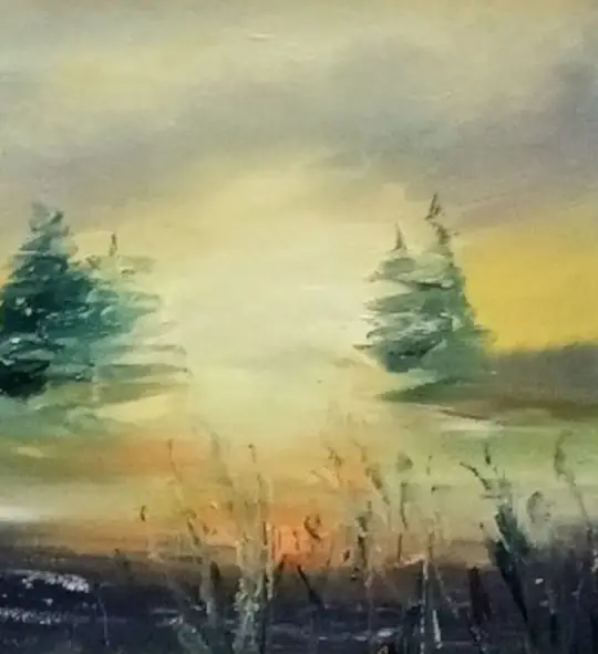 The close-up of the original oil painting by ElenaG with  glowing golden sunset over a dark marshland.