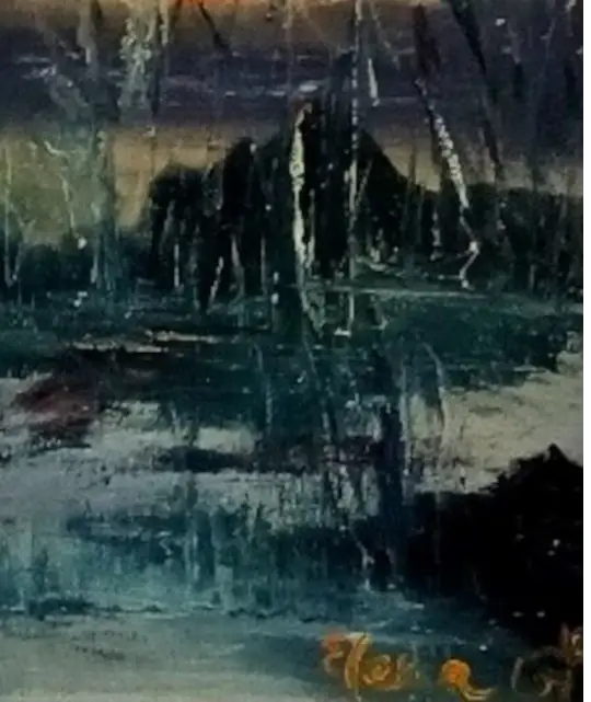 The fragment of the original oil painting by ElenaG with the artist's signature with with low-lying fog 