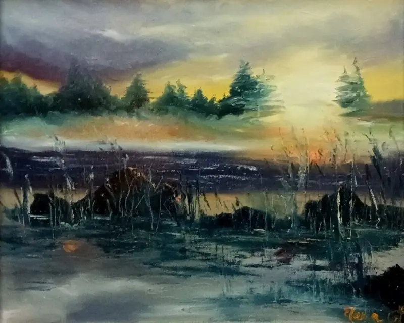 An atmospheric landscape oil painting by Elena G. depicting a hazy, glowing golden sunset over a dark marshland, with low-lying fog rolling past silhouetted evergreen trees and reeds.